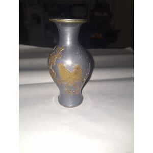 Vintage Pewter Vase Bird & Floral Brass Overlay Home Decor Bud Vase Minimalist